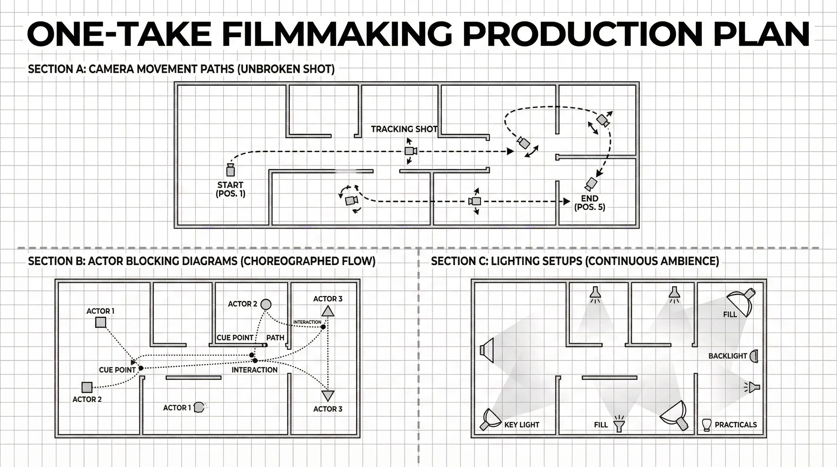 一镜到底拍摄镜头轨迹图 - 展示摄影机运动路径、演员走位和灯光布置